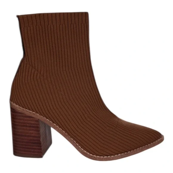 Steven By Steve Madden Nara Sock Booties Camel Brown 7.5 Stacked Block Heel - Picture 2 of 8